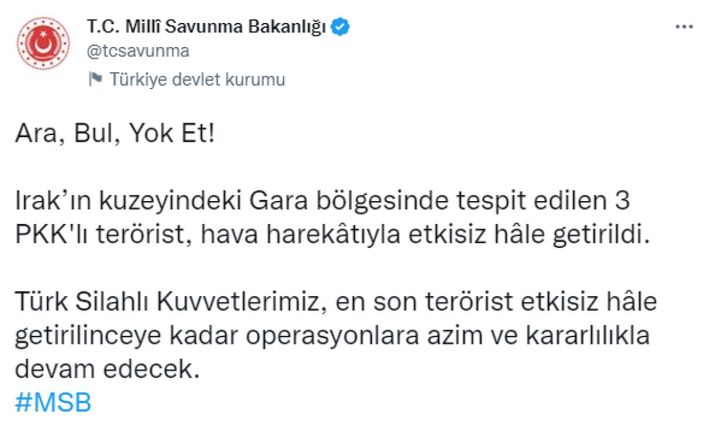 Gara'da 3 terörist öldürüldü