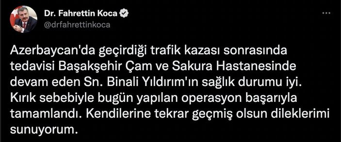 Fahrettin Koca'dan, Binali Yıldırım'ın sağlık durumuna ilişkin açıklama