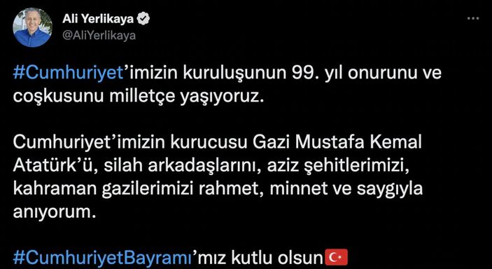 Ali Yerlikaya'dan 29 Ekim paylaşımı