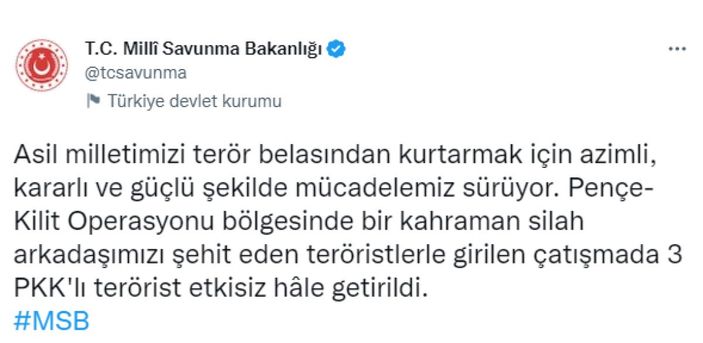 Pençe Kilit bölgesinde 3 terörist öldürüldü