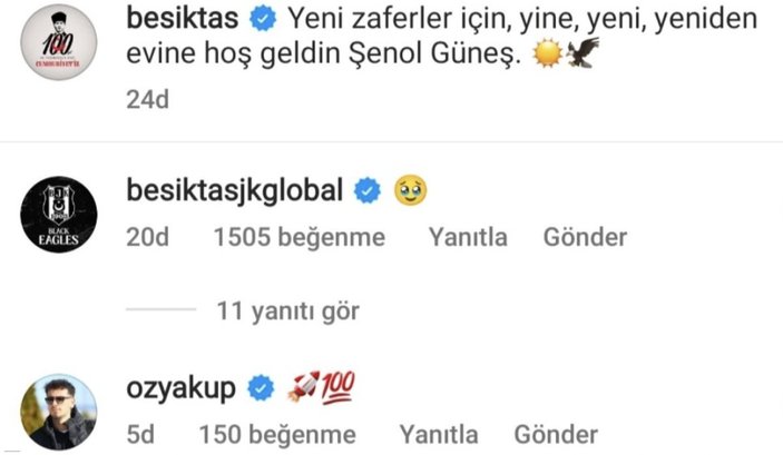 Beşiktaş'ın eski futbolcularından Şenol Güneş paylaşımı