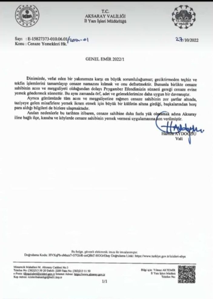 Aksaray'da, cenaze evinde yemek dağıtımı yasaklandı