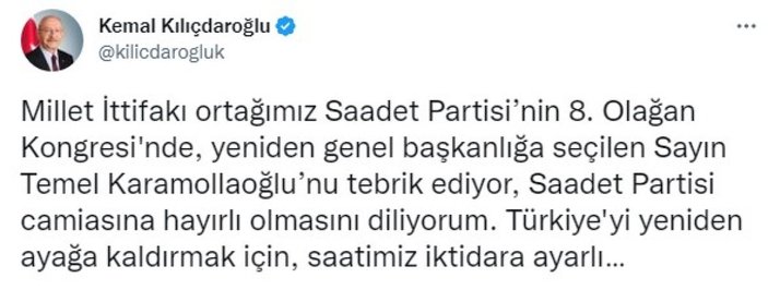 Kemal Kılıçdaroğlu'ndan Temel Karamollaoğlu'na tebrik