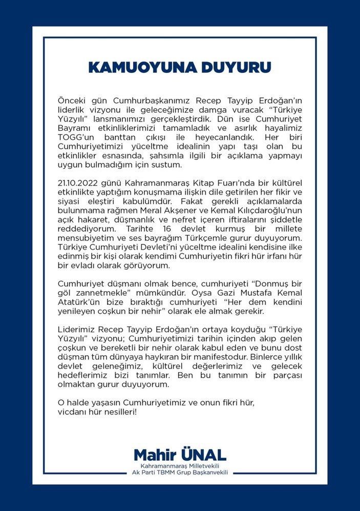 Mahir Ünal'dan 'Cumhuriyet düşmanı' eleştirilerine tepki