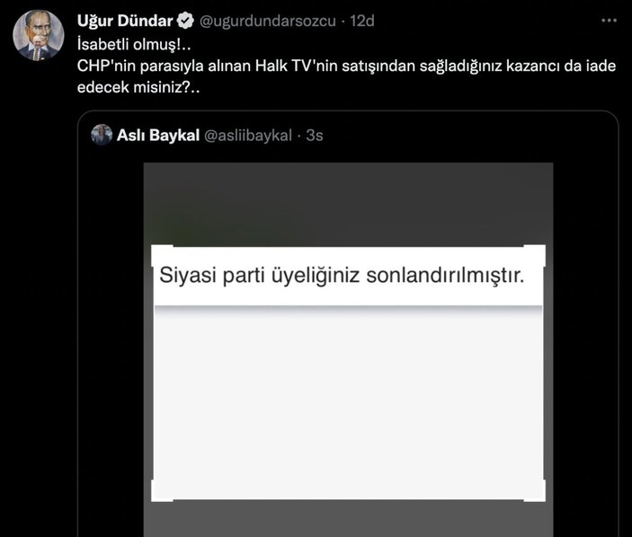 Uğur Dündar'dan CHP'den istifa eden Aslı Baykal'a: İsabetli olmuş