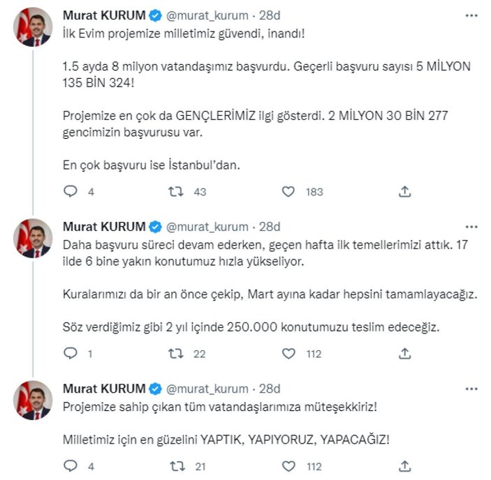Murat Kurum: İlk Evim projemize 1.5 ayda 8 milyon başvuru