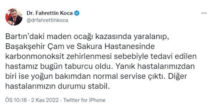 Sağlık Bakanı Koca: Maden ocağı kazasında yaralanan hastamız taburcu oldu