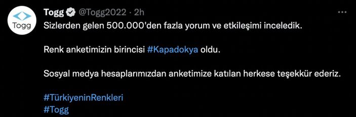 Togg'un en beğenilen rengi belli oldu