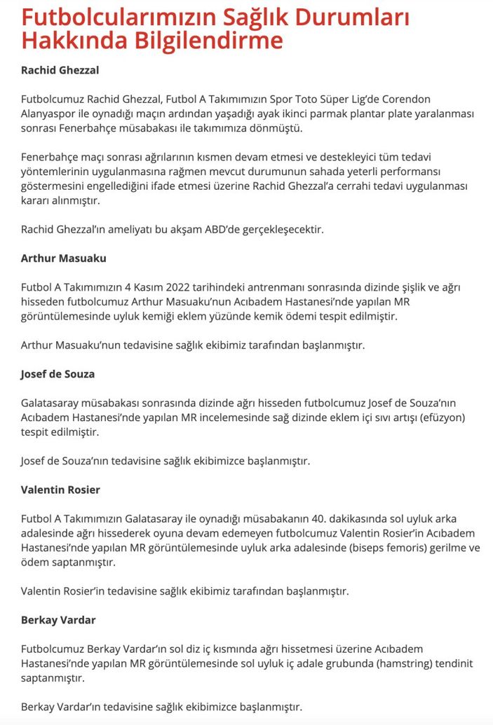 Beşiktaş'tan sakatlık açıklaması