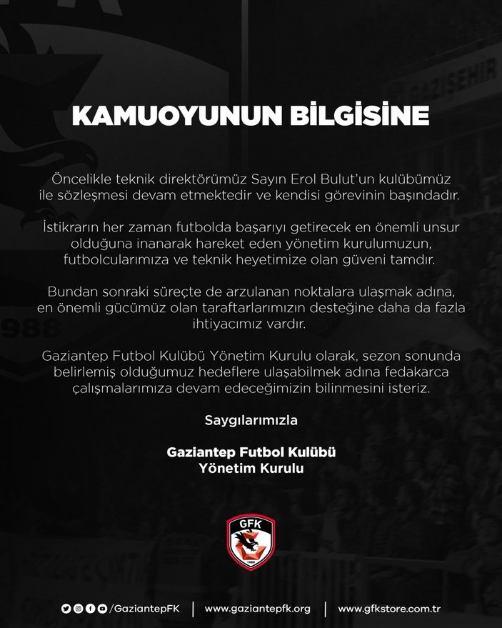 Gaziantep FK'dan Erol Bulut'a destek