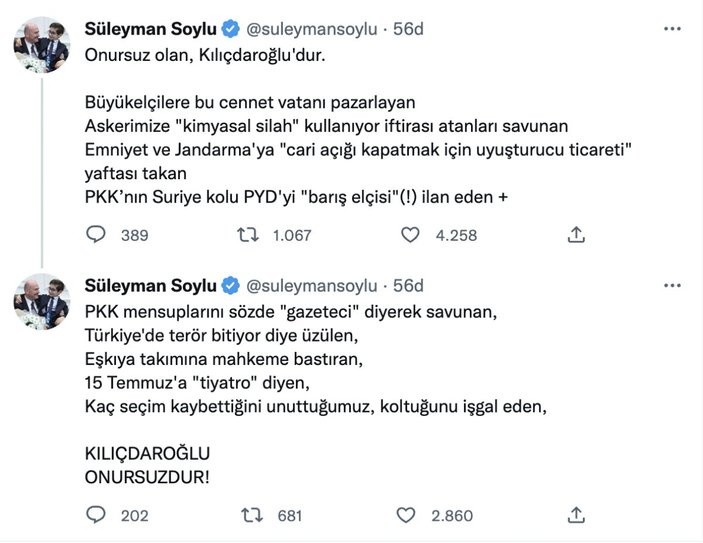 Bakan Soylu'dan Kılıçdaroğlu'na sert cevap: Kılıçdaroğlu onursuzdur