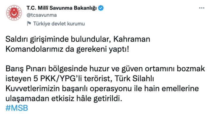 Barış Pınarı bölgesinde 5 terörist öldürüldü