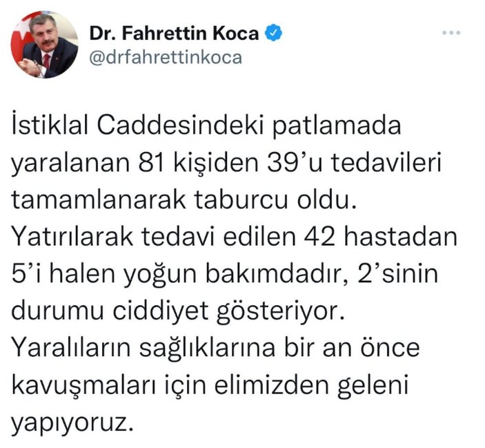 Sağlık Bakanı Fahrettin Koca'dan Beyoğlu'ndaki patlamayla ilgili açıklama