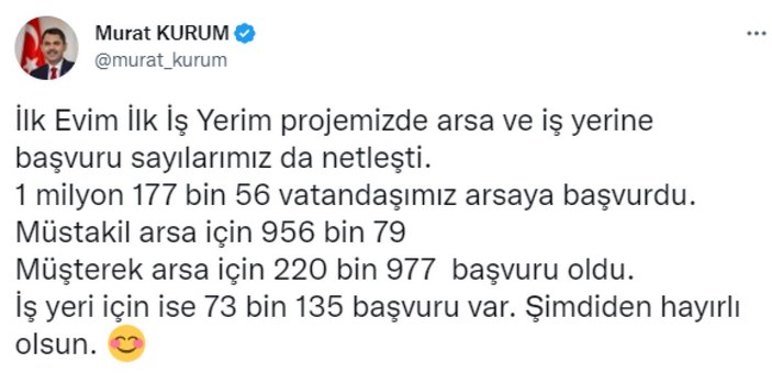 Murat Kurum arsa ve iş yeri başvuru sayısını açıkladı