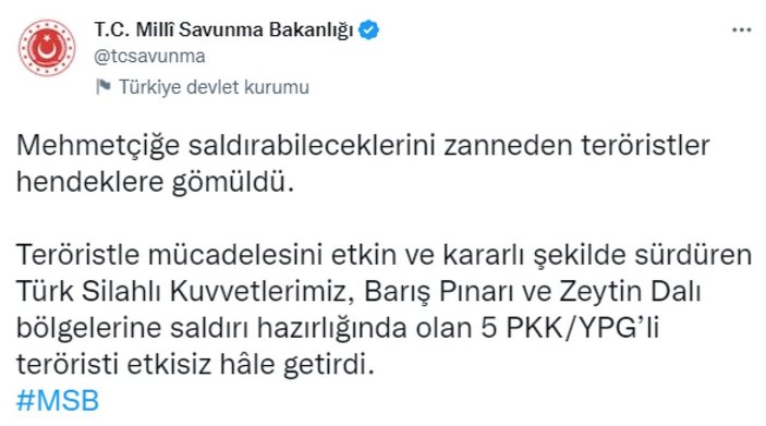 Barış Pınarı ve Zeytin Dalı bölgelerinde 5 terörist öldürüldü