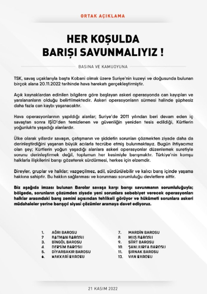 12 baro, Pençe Kılıç Harekatı’na karşı ortak açıklama yaptı