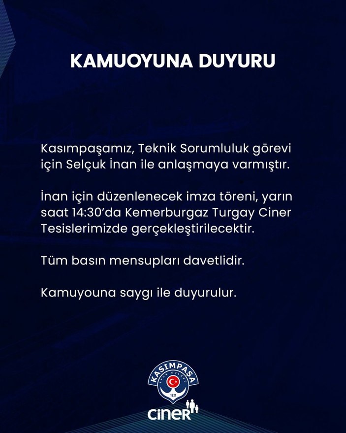 Selçuk İnan, Kasımpaşa'nın teknik direktörü oldu