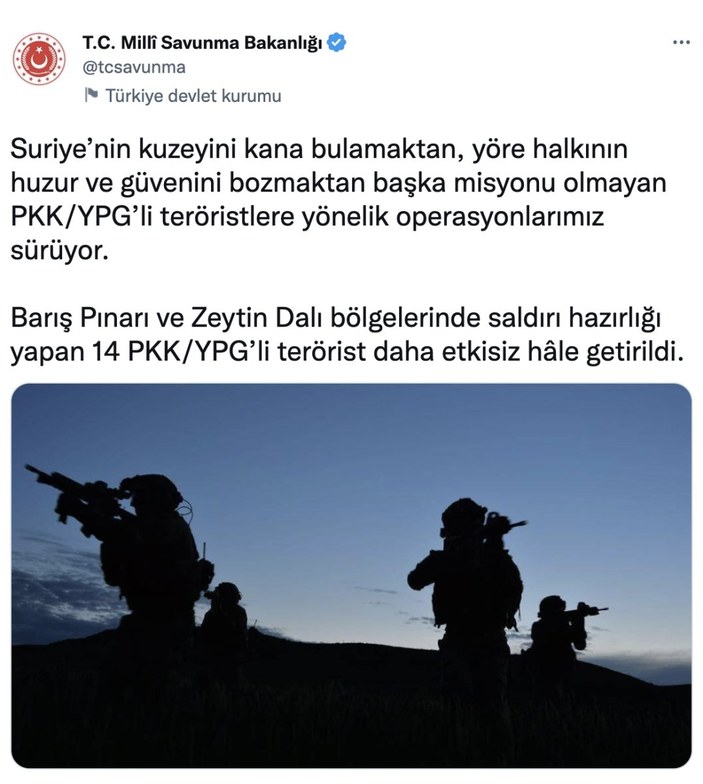 Barış Pınarı ve Zeytin Dalı bölgelerinde 14 terörist öldürüldü