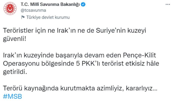 Pençe Kilit bölgesinde 5 terörist öldürüldü