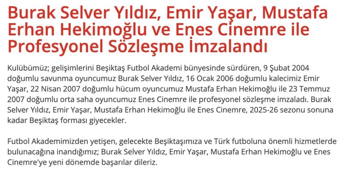 Beşiktaş, 4 futbolcuyla profesyonel sözleşme imzaladı