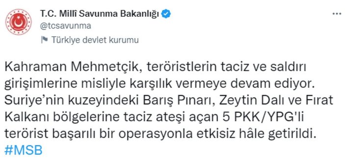 Suriye'nin kuzeyinde 5 terörist öldürüldü