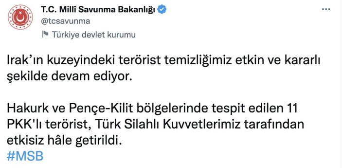 MSB: Pençe-Kilit bölgesinde 11 terörist etkisiz hale getirildi