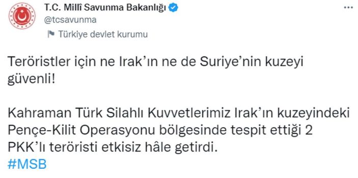 Pençe Kilit bölgesinde 2 terörist öldürüldü