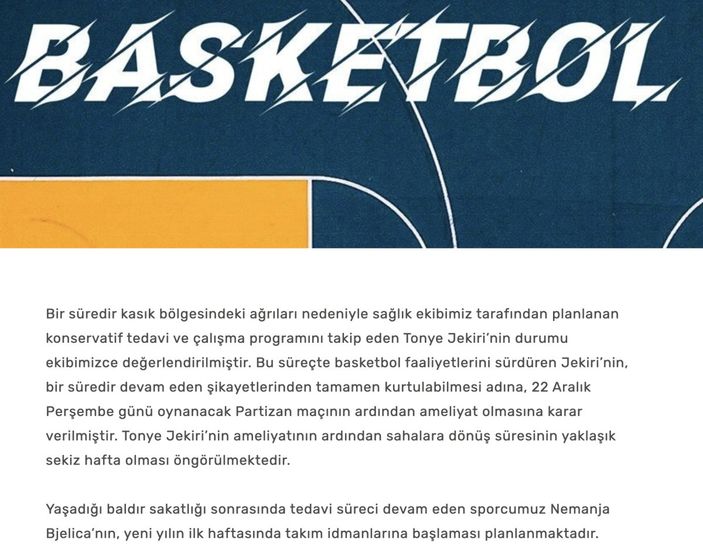 Fenerbahçe'den sakatlık açıklaması