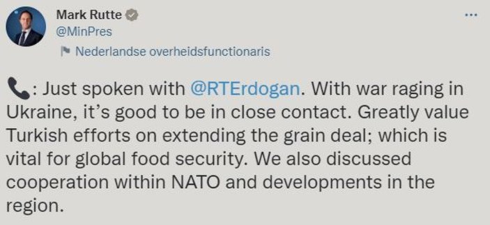 Mark Rutte: Türkiye'nin tahıl anlaşmasıyla ilgili çabaları takdire şayan