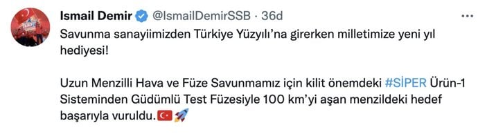 İsmail Demir: SİPER füzesi 100 km menzili aştı