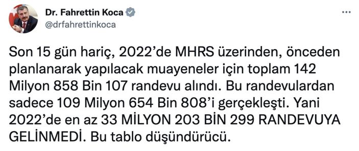 Fahrettin Koca, 2022’deki muayene ve randevu sayısını paylaştı
