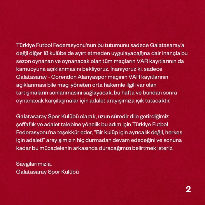 Galatasaray: Tüm maçların VAR kayıtları yayınlansın