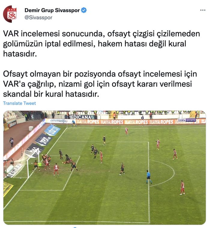 Sivasspor: Golümüzün iptal edilmesi, hakem hatası değil kural hatasıdır