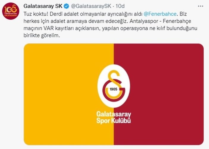 Galatasaray'dan Antalyaspor-Fenerbahçe maçı paylaşımı: Tuz koktu