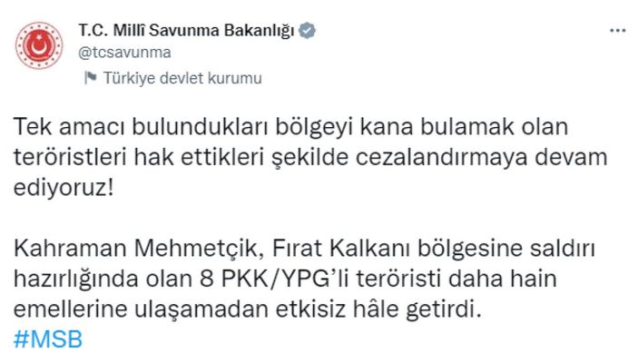 Fırat Kalkanı bölgesinde 8 terörist öldürüldü