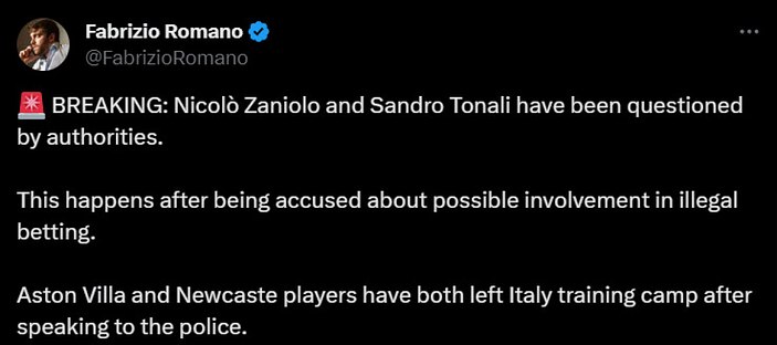 Nicolo Zaniolo ve Sandro Tonali bahis soruşturması nedeniyle sorgulandı