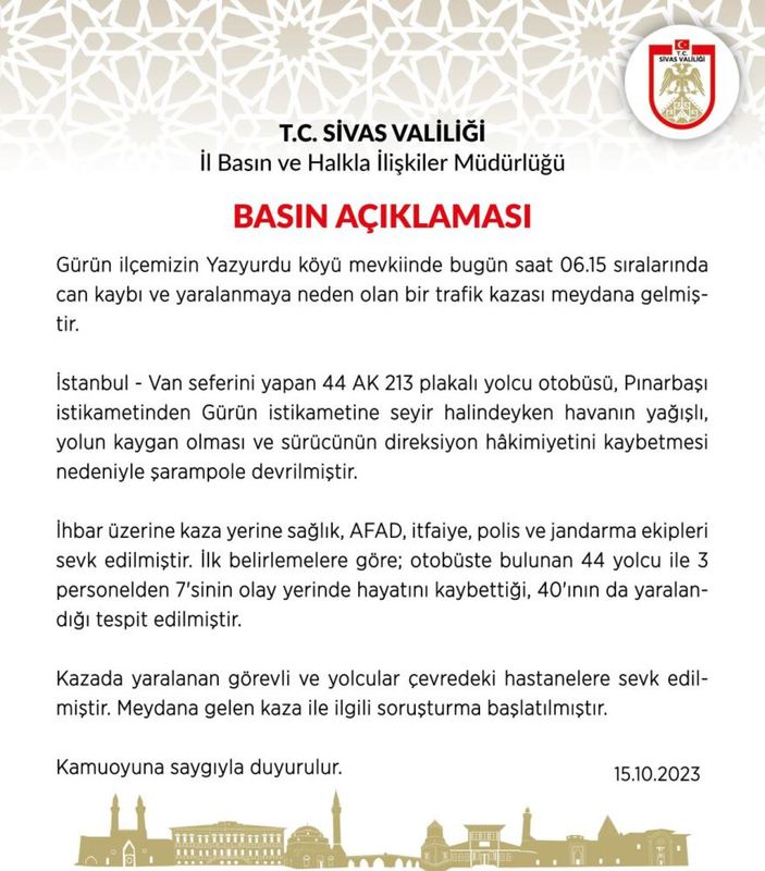 Sivas Valiliği'nden kazaya ilişkin açıklama