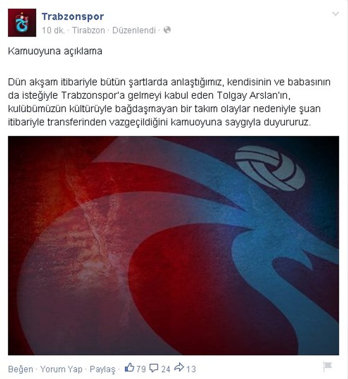 Trabzonspor Tolgay Arslan'ı almaktan vazgeçti