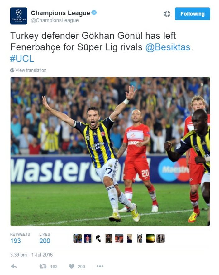 Şampiyonlar Ligi hesabı da Gökhan transferini duyurdu