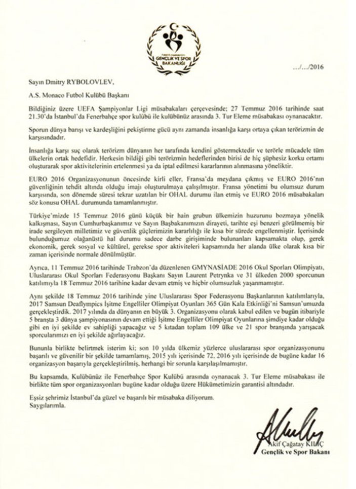 Bakan Kılıç'tan Monaco Başkanı'na mektup