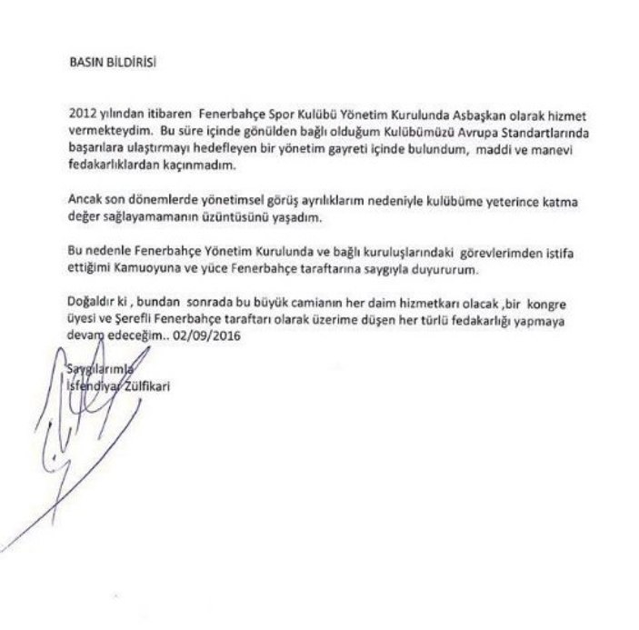 Fenerbahçe'de İsfendiyar Zülfikari istifa etti