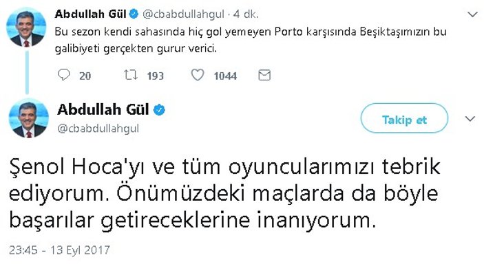 Abdullah Gül'den Beşiktaş paylaşımı