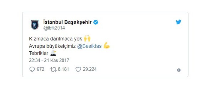 Başakşehir'den Beşiktaş'a tebrik mesajı