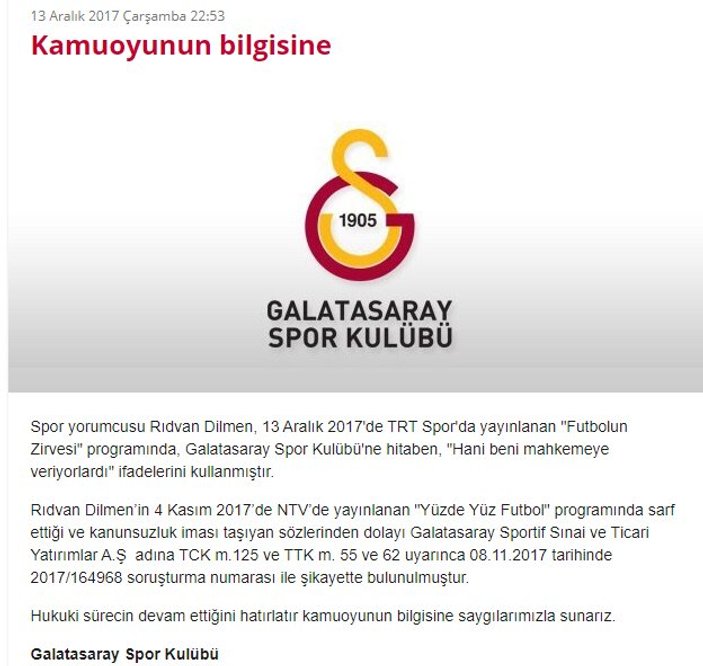 Galatasaray Rıdvan Dilmen hakkında şikayette bulundu