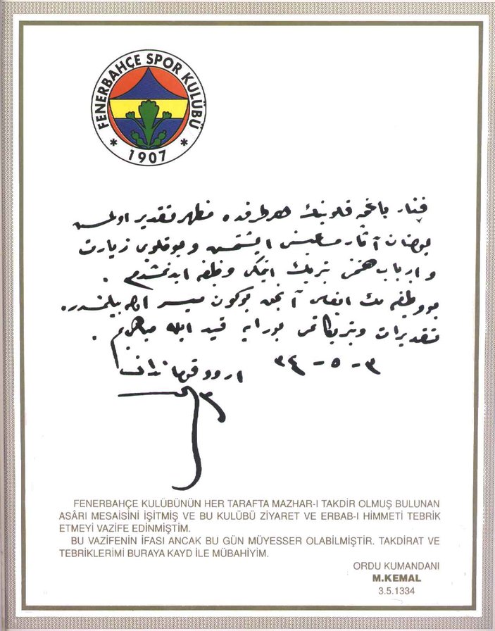 Atatürk'ün Galatasaray'a yazdığı mektup