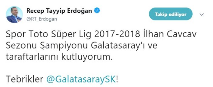 Cumhurbaşkanı, Şampiyon Galatasaray'ı tebrik etti