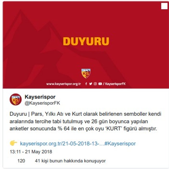 Kayserispor'un yeni sembolü 'kurt' oldu