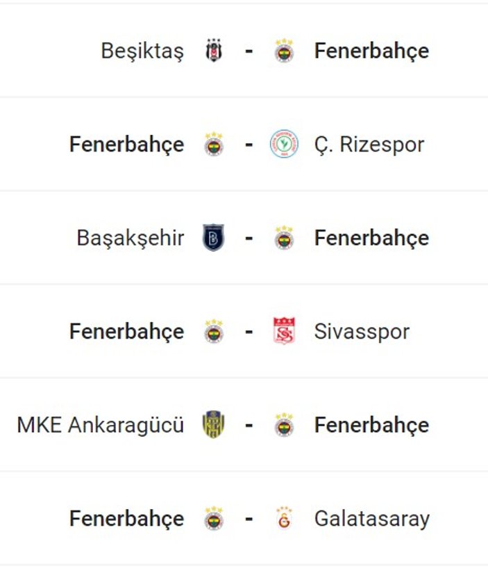 Fenerbahçe'nin 6 maçlık fikstürü