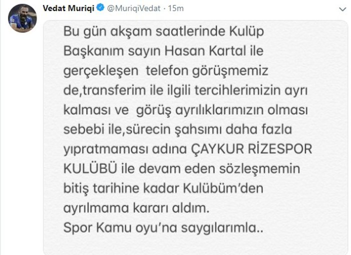 Vedat Muriç'ten transfer açıklaması: Gitmiyorum