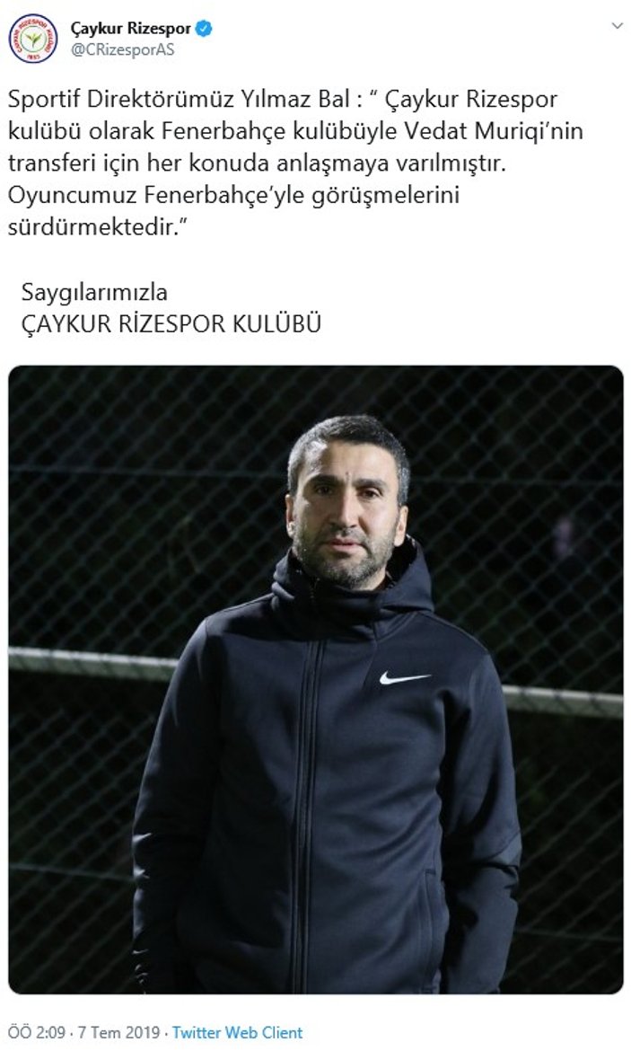 Çaykur Rizespor: Vedat Muriç için Fenerbahçe ile anlaştık